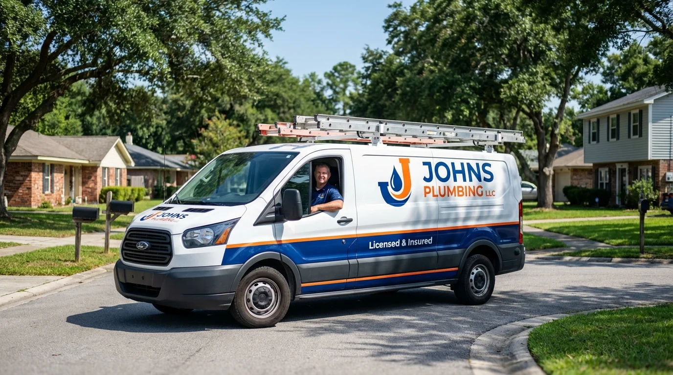 Johns Plumbing LLC service van in Greenville, NH
