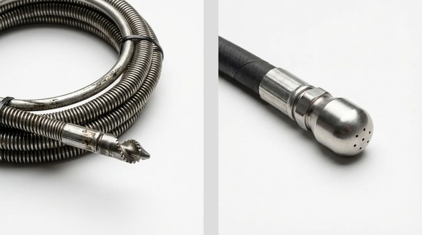 Drain snake cable and hydro jetting nozzle used for drain cleaning in Greenville, NH