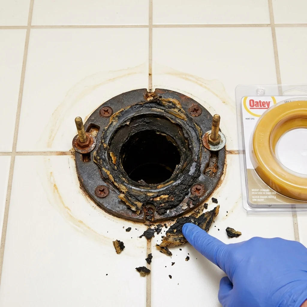Failed wax ring showing water seepage at the base of a toilet in a Greenville, NH home