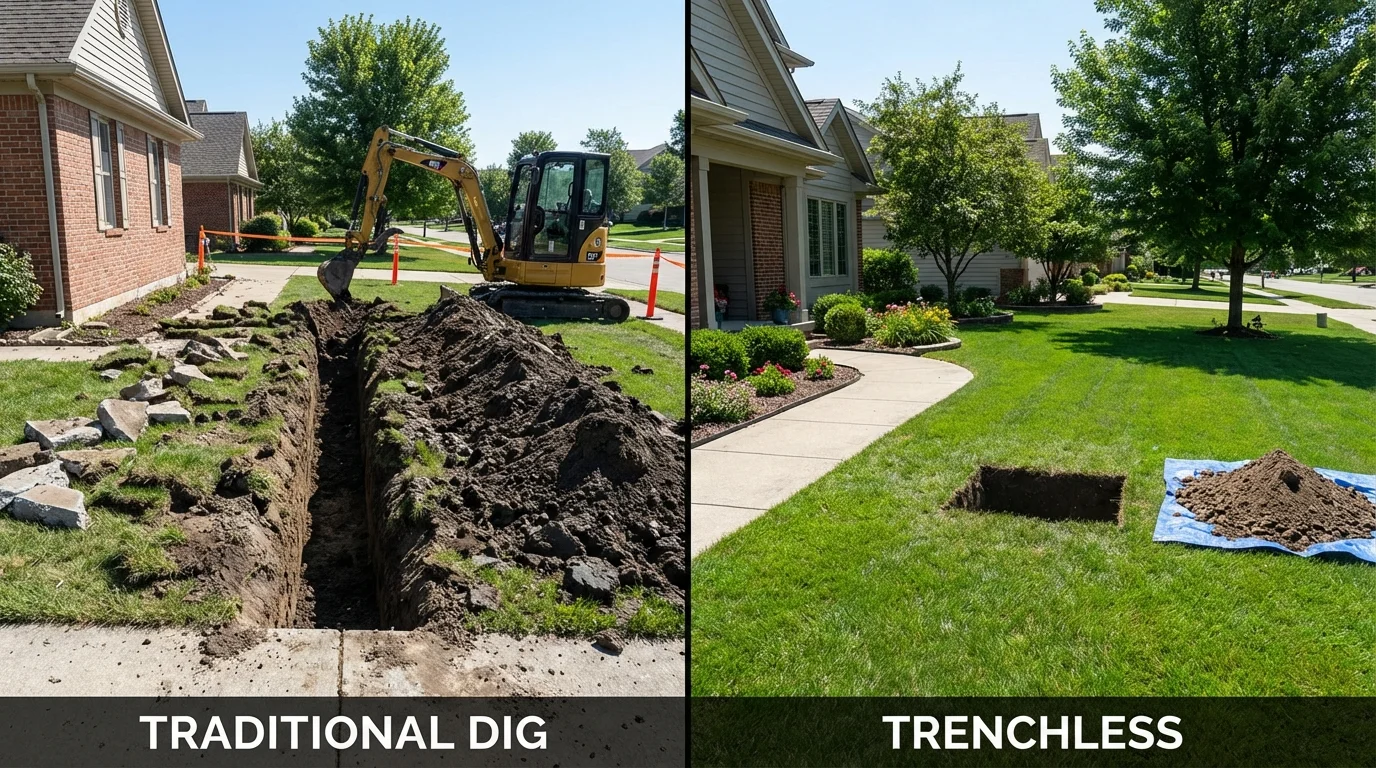 Trenchless sewer repair with minimal yard damage versus traditional excavation in Greenville, NH