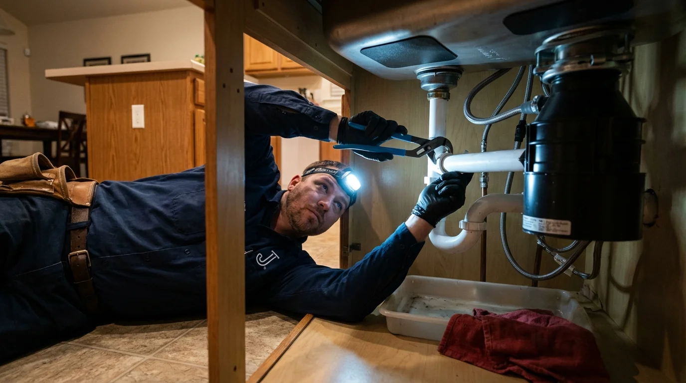 P-trap and supply line connections under a kitchen sink showing a common leak point in Greenville, NH